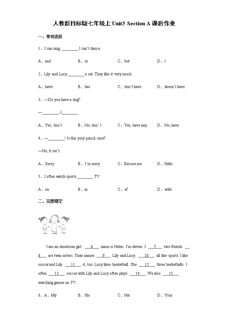 7年级上册英语人教版Unit 5 Do you have a soccer ball？ Section A    课时练习2第1页