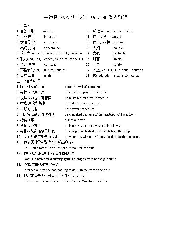 牛津译林9A 期末复习Unit7-8 重点背默01