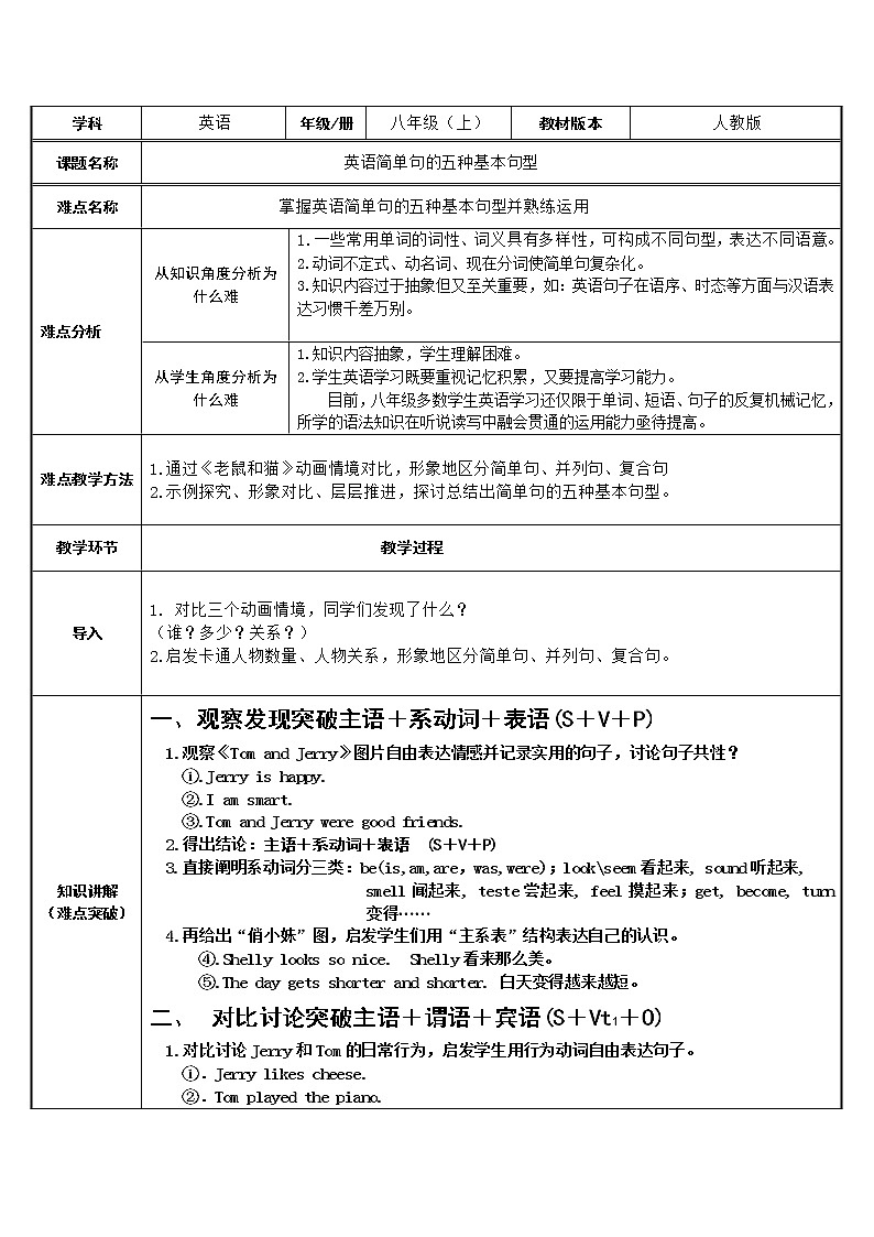 人教英语8年级上册 英语简单句的五种基本句型   教案01