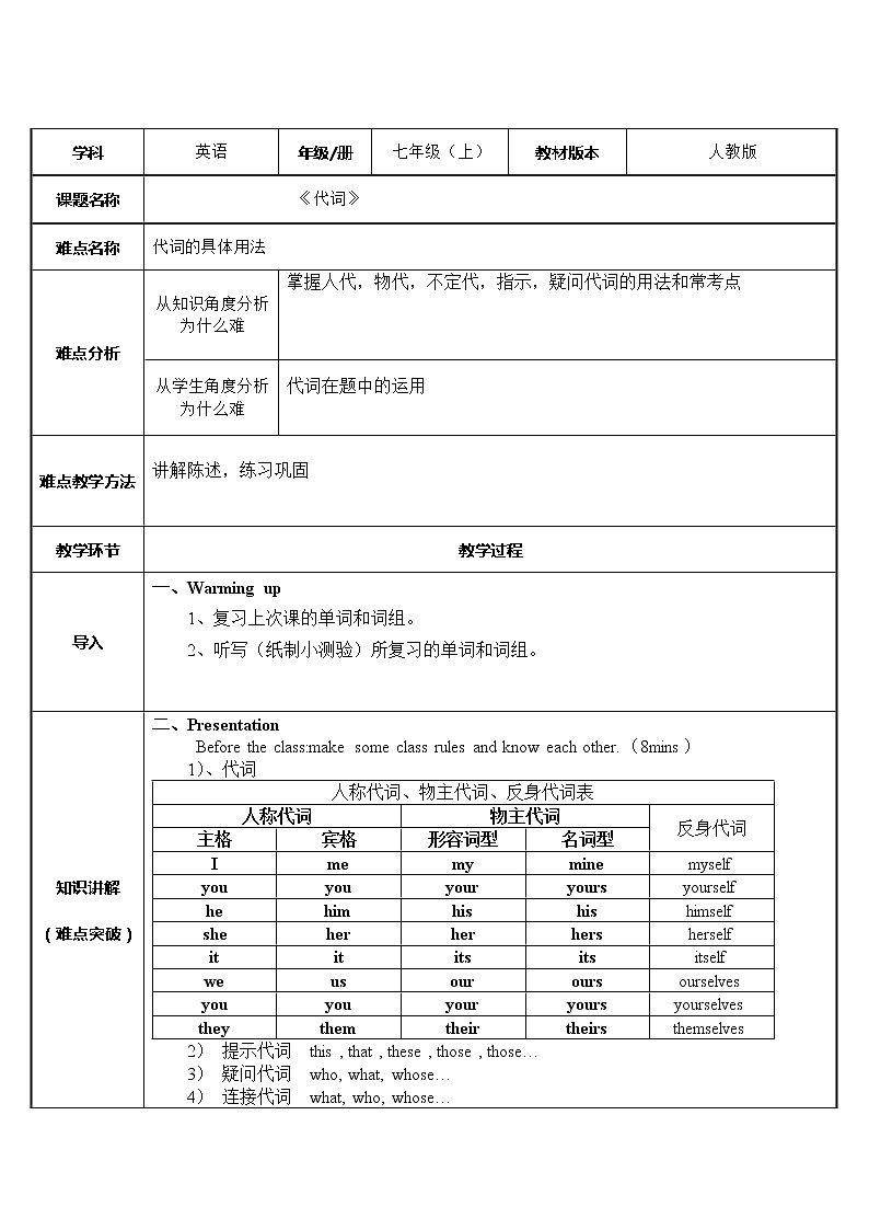 人教英语7年级上册  代词  教案01