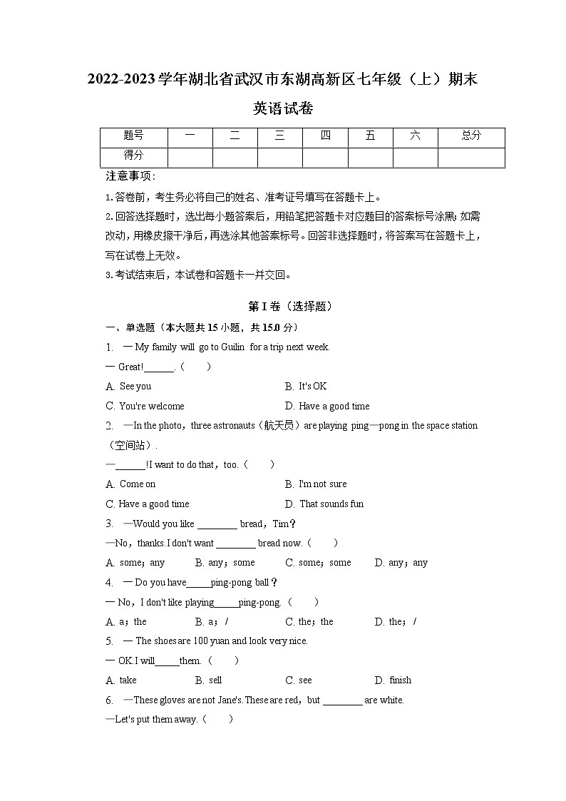 湖北省武汉市东湖高新区2022-2023学年七年级上学期期末考英语试题（有答案）01