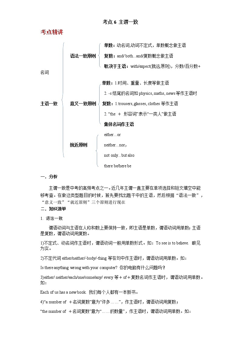 备战2023年新中考二轮英语专题导练 考点6 主谓一致01