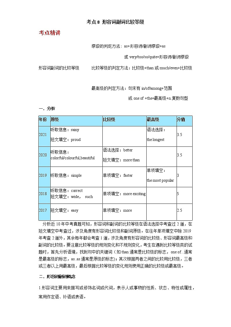 备战2023年新中考二轮英语专题导练 考点8 形容词副词比较等级01