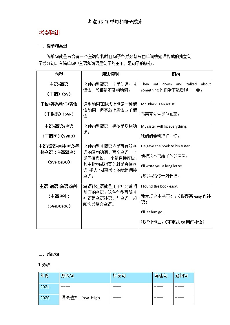 备战2023年新中考二轮英语专题导练 考点16 简单句和句子成分01