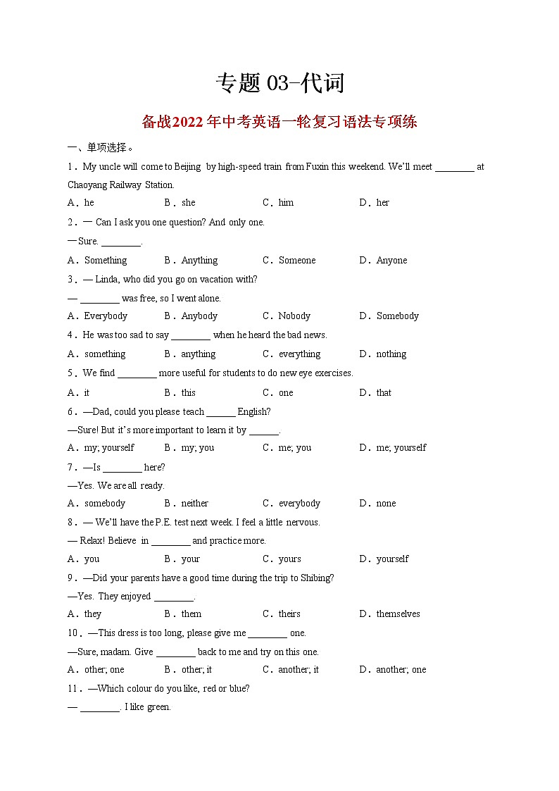 专题03-代词-备战 中考英语一轮复习语法专项练（全国通用版）（原卷版）第1页