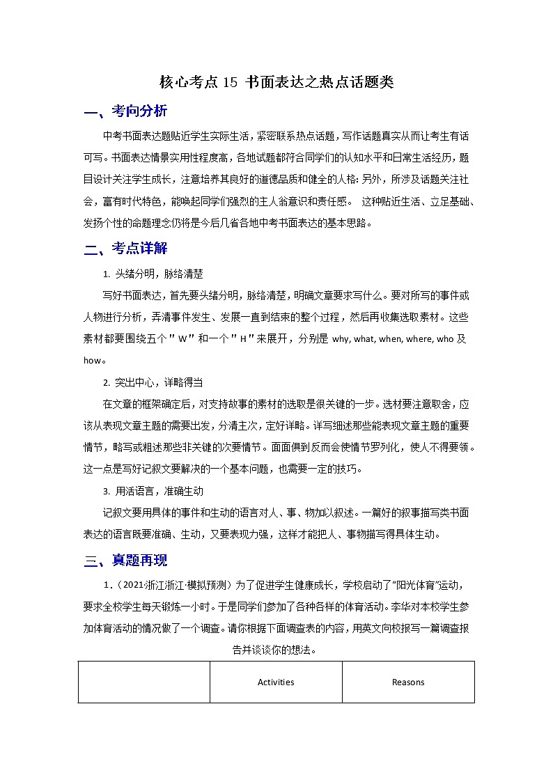 备战2023年春季英语新中考二轮复习热点透析 核心考点15 书面表达之热点话题类(原卷版)第1页