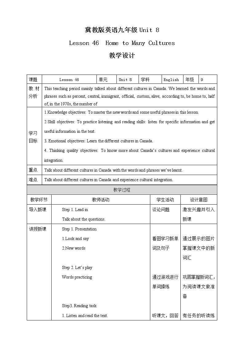 冀教版英语九年级下册 Lesson 46  Home to Many Cultures  课件+教案+导学案01