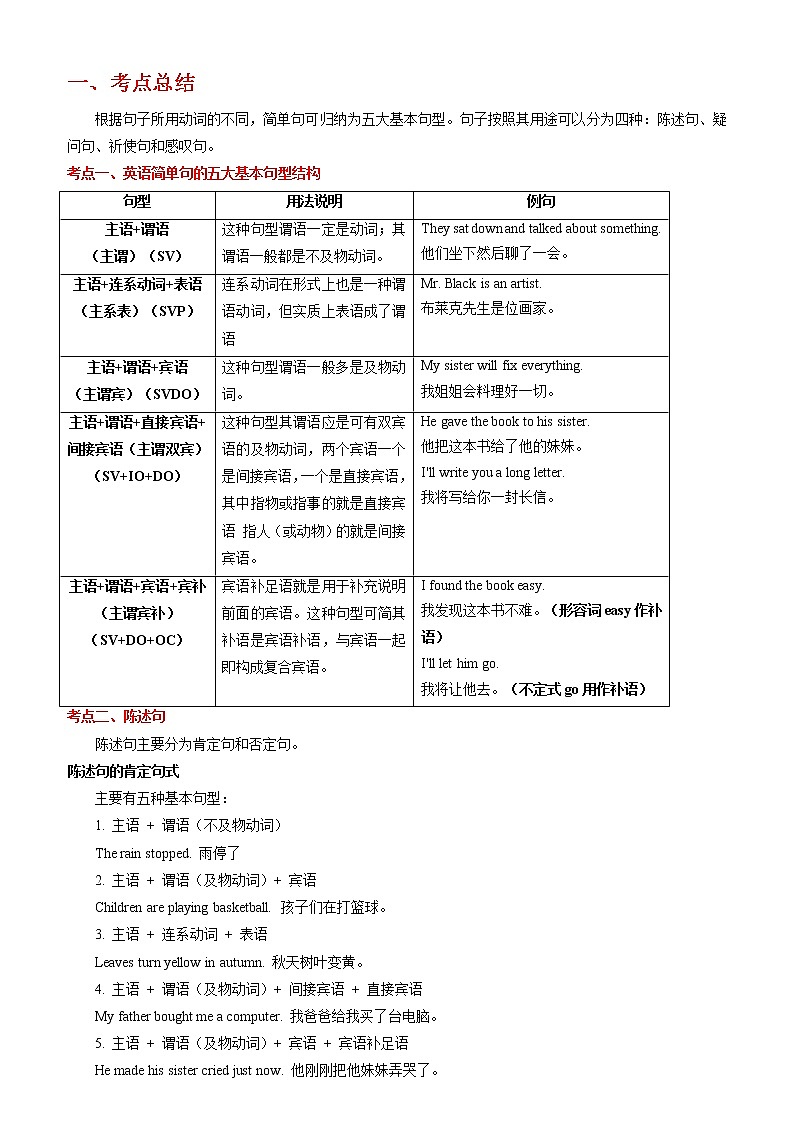备战2023英语新中考二轮复习考点精讲精练（广东专用）突破 14 简单句（原卷版）第1页