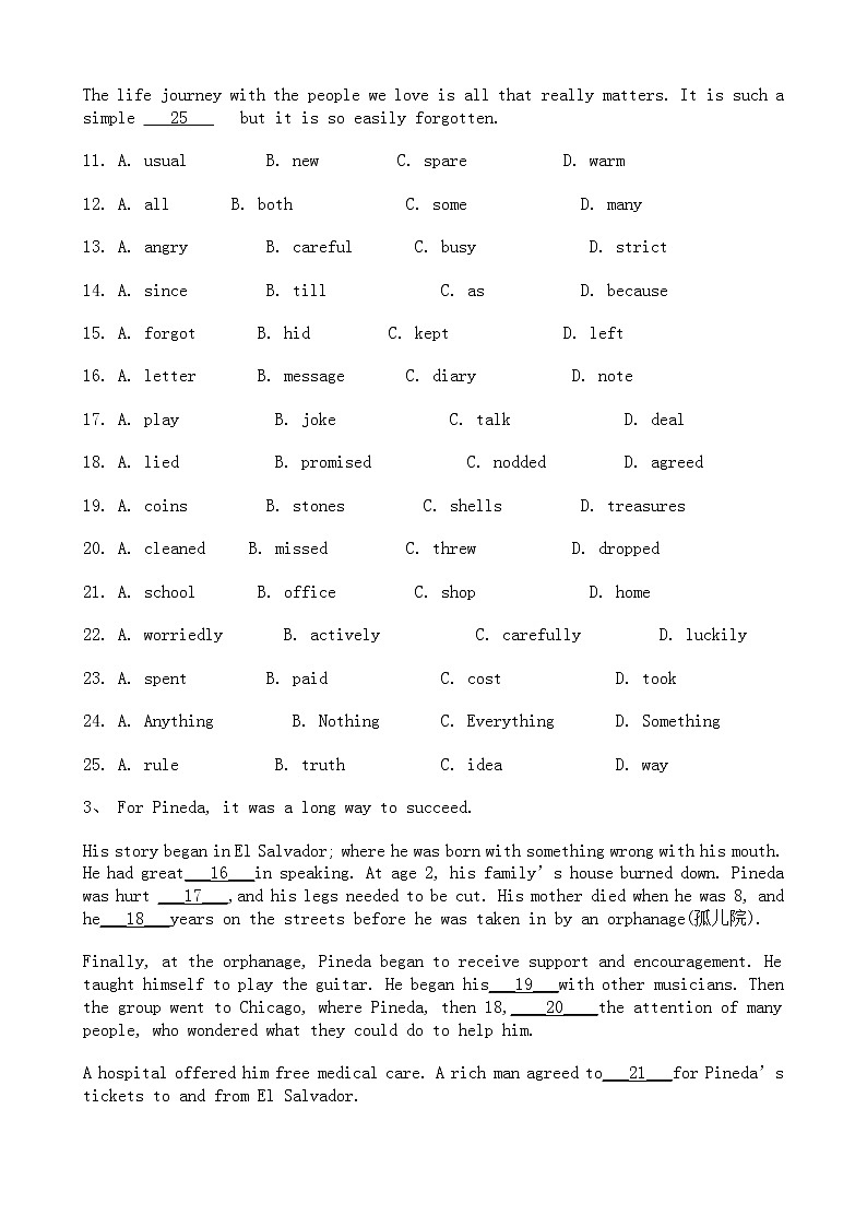 中考英语二轮专题复习 完形填空 记事类一（含答案）03