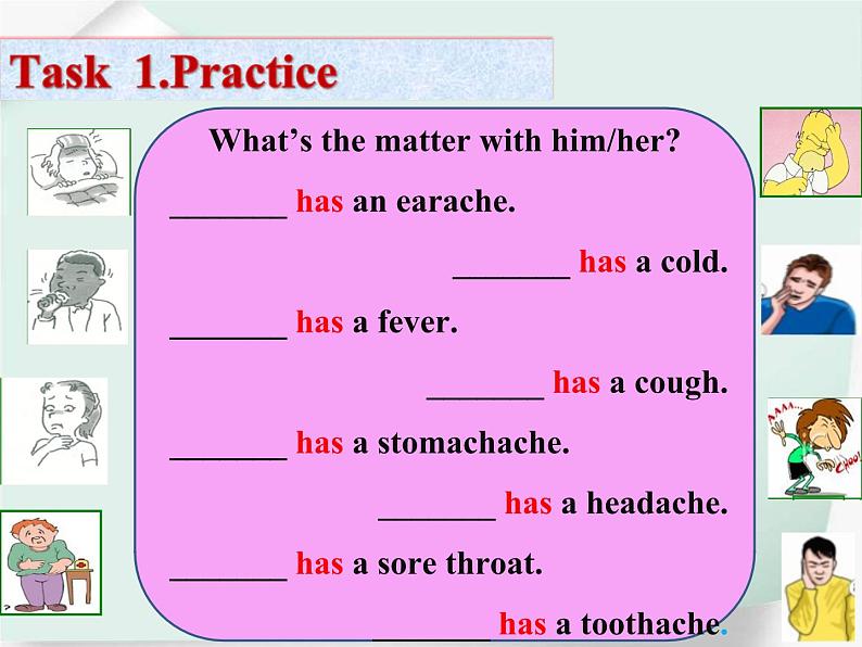 八年级英语人教版下册  Unit 1 What 's the matter. Section A  课件第7页