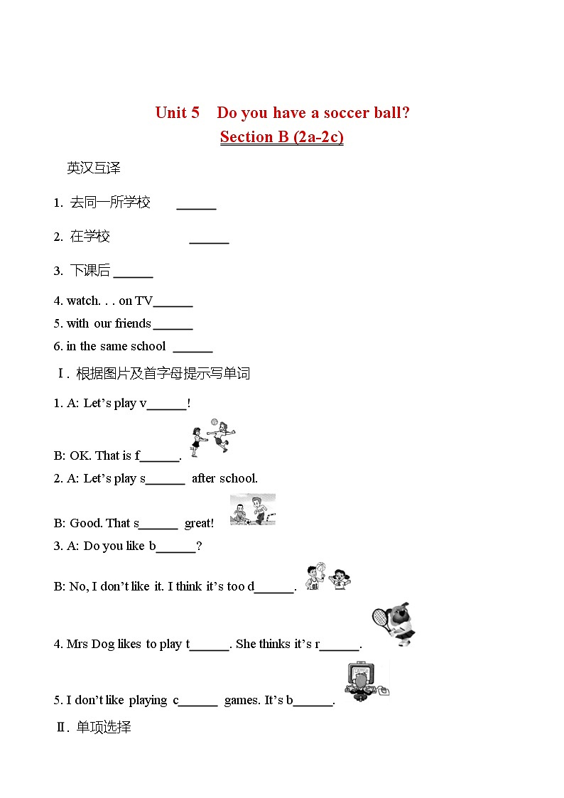 Unit 5 Do you have a soccer ball？Section B (2a-2c) 同步练习 （学生版） 2022-2023 人教版英语 七年级上册第1页