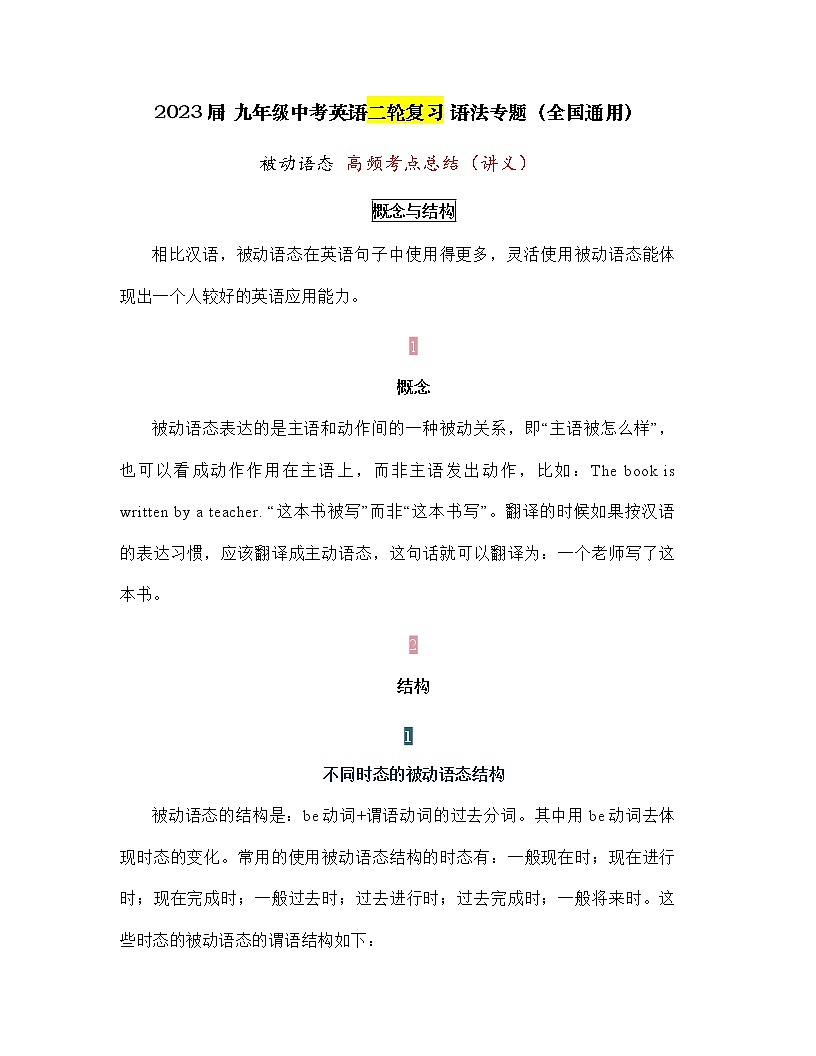 2023年九年级中考英语二轮复习语法专题被动语态+高频考点总结（讲义）第1页