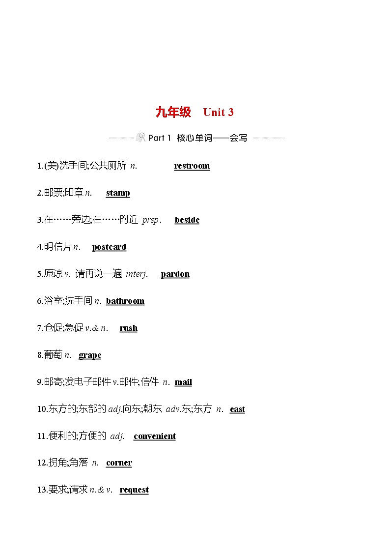 备战2023 贵州中考英语 人教版 一轮复习 背记手册 九年级　Unit 3 (教师版）第1页