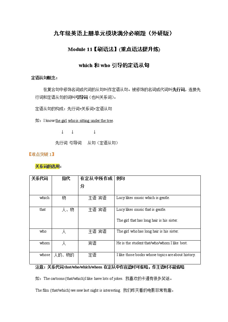 Module 11【刷语法】which和who引导的定语从句(重点语法提升练)-九年级英语上册单元模块满分必刷题（外研版）01