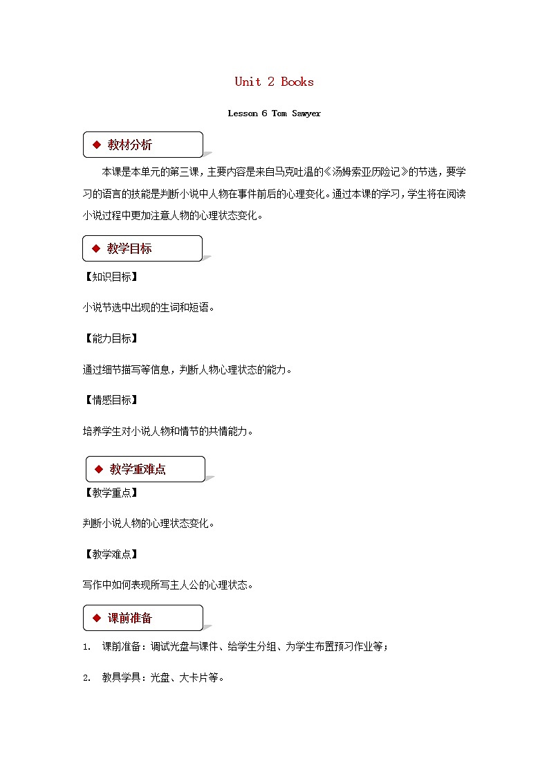 Unit 2 Books《Lesson 6 TomSawyer》教案第1页