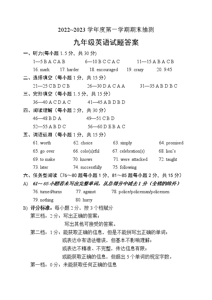 江苏省徐州市（各县）2022-2023学年度第一学期期末抽测九年级英语试题+参考答案+听力mp301