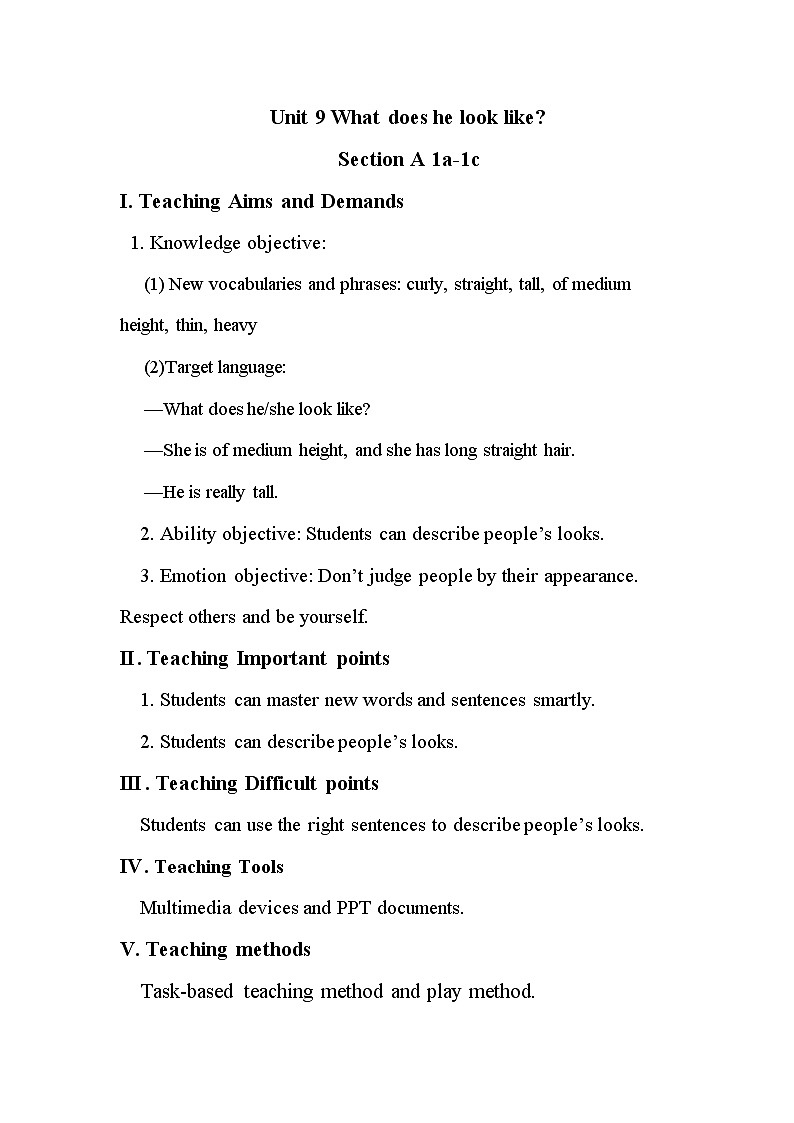 人教版新目标七年级英语下册 Unit9 What does he look like？ SectionA 1a-1c 教案01