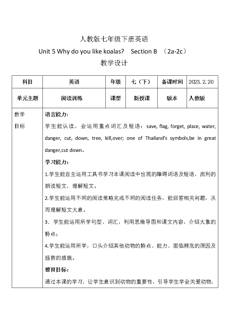 人教版七年级下册英语Unit 5 Why do you like koalas 设计第1页