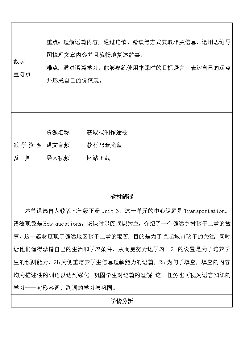 人教版七年级下册英语Unit 3 How do you get to school教学设计第3页