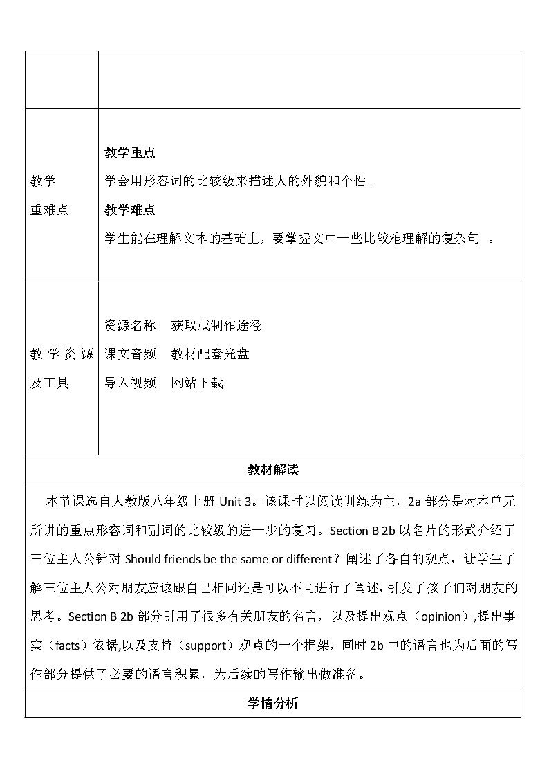 人教版八年级上册英语Unit 3I am more outgoing than my si教学设计02