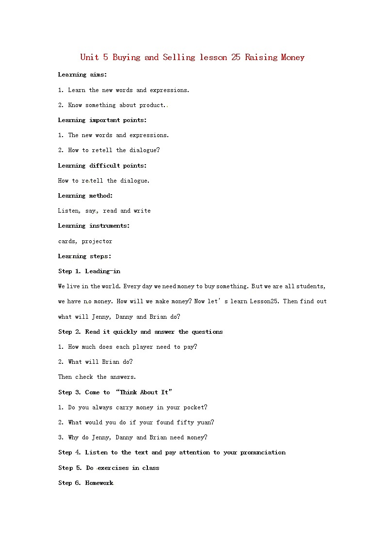 Unit 5 Lesson25 Raising Money 课件+教案01