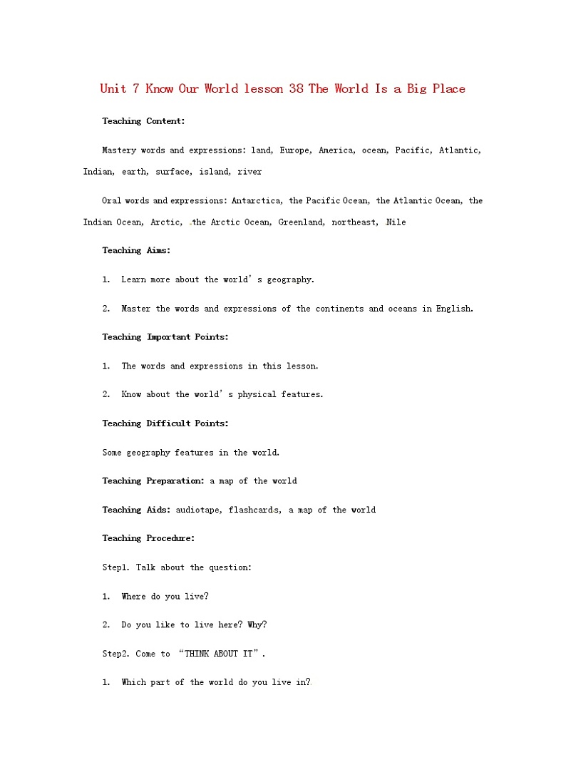 Unit 7 Lesson38 The World Is a Big Place 教案第1页