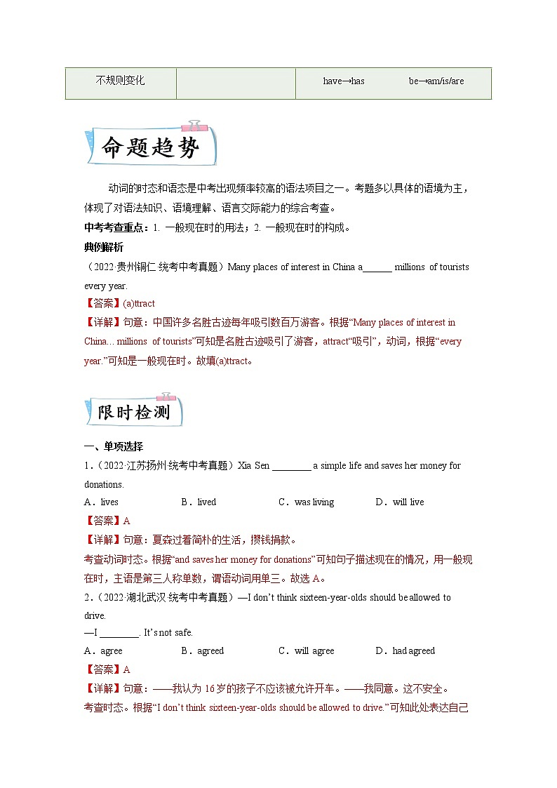 【备考2023】中考英语重难点专题特训学案（全国通用）——11 一般现在时   （解析版）第2页