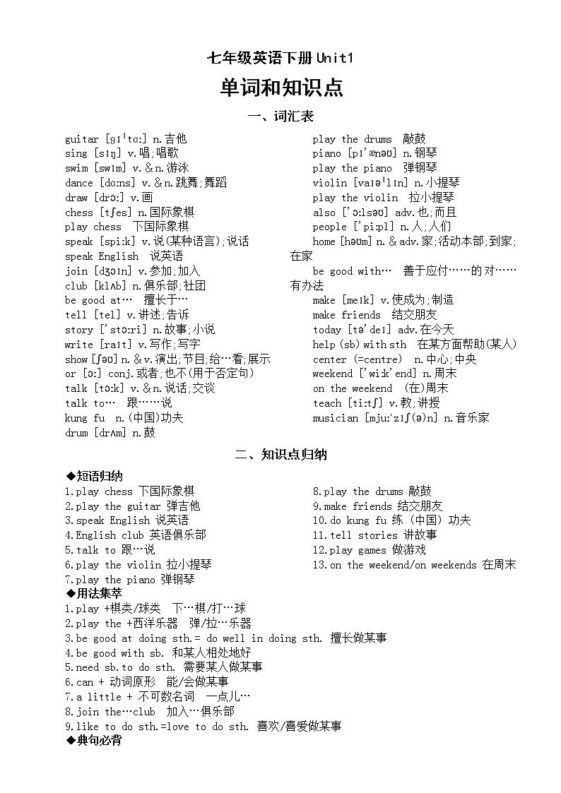 初中英语人教版七年级下册Unit1单词和知识点整理第1页