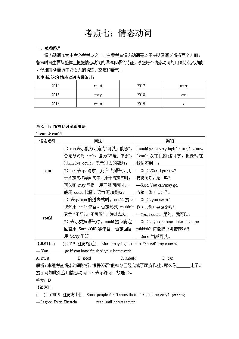 【专项练习】全套专题英语中考考点七：情态动词专题整理(带答案)01