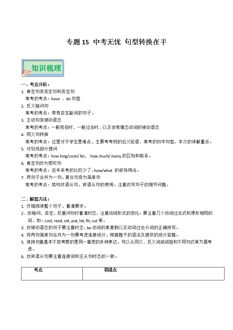 专题15 中考无忧 句型转换在手（解析版）——2023年中考英语思维导图+必备知识点梳理+精练学案（牛津上海版）第1页
