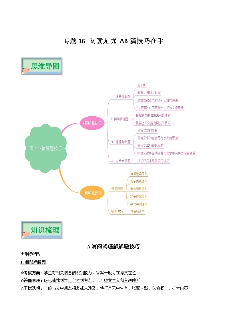 专题16 阅读无忧 AB篇技巧在手（原卷版）——2023年中考英语思维导图+必备知识点梳理+精练学案（牛津上海版）第1页