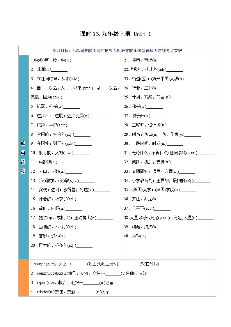 课时13.九年级上册 Unit 1-中考英语四轮总复习（仁爱版）01