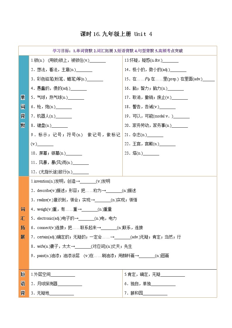 课时16.九年级上册 Unit 4-中考英语四轮总复习（仁爱版）01