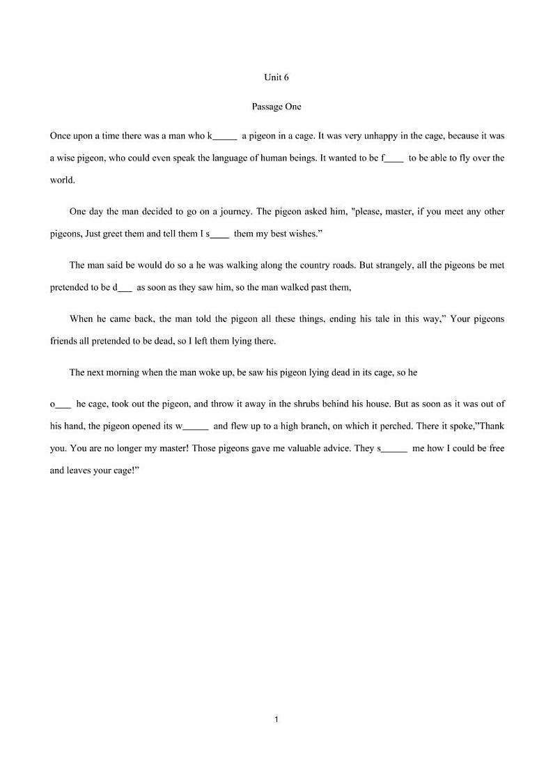 七年级下册 Unit 6 首字母填空训练（上海牛津版）（原卷版）第1页