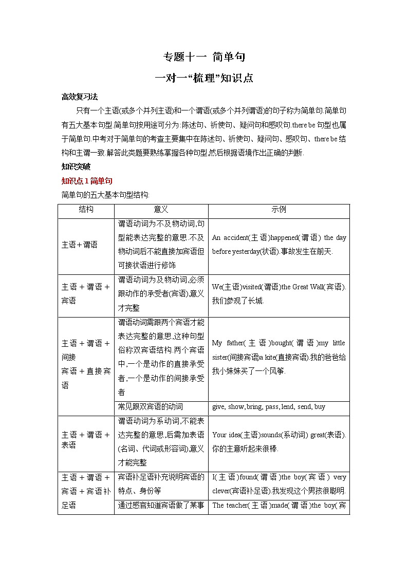 专题十一简单句-2023年初中英语中考复习专项突破01