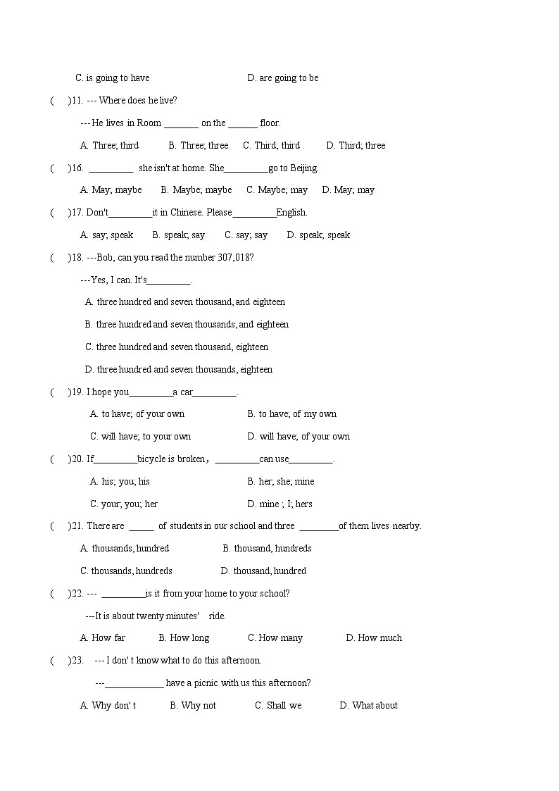 江苏省宿迁市2022-2023学年第二学期第一次月考初一英语模拟试卷（含答案）02