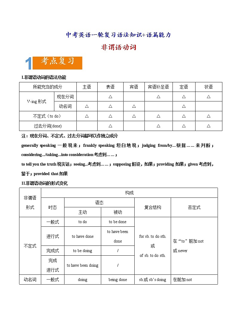 中考英语一轮复习语法知识+语篇能力练习非谓语动词要点精读与精练第1页