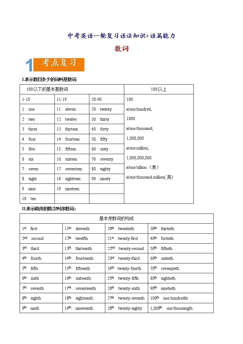 中考英语一轮复习语法知识+语篇能力练习数词要点精读与精练第1页