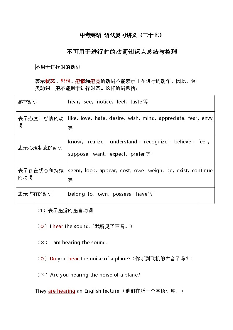 中考英语复习资料大全——不可用于进行时的动词知识点总结与整理（37）第1页