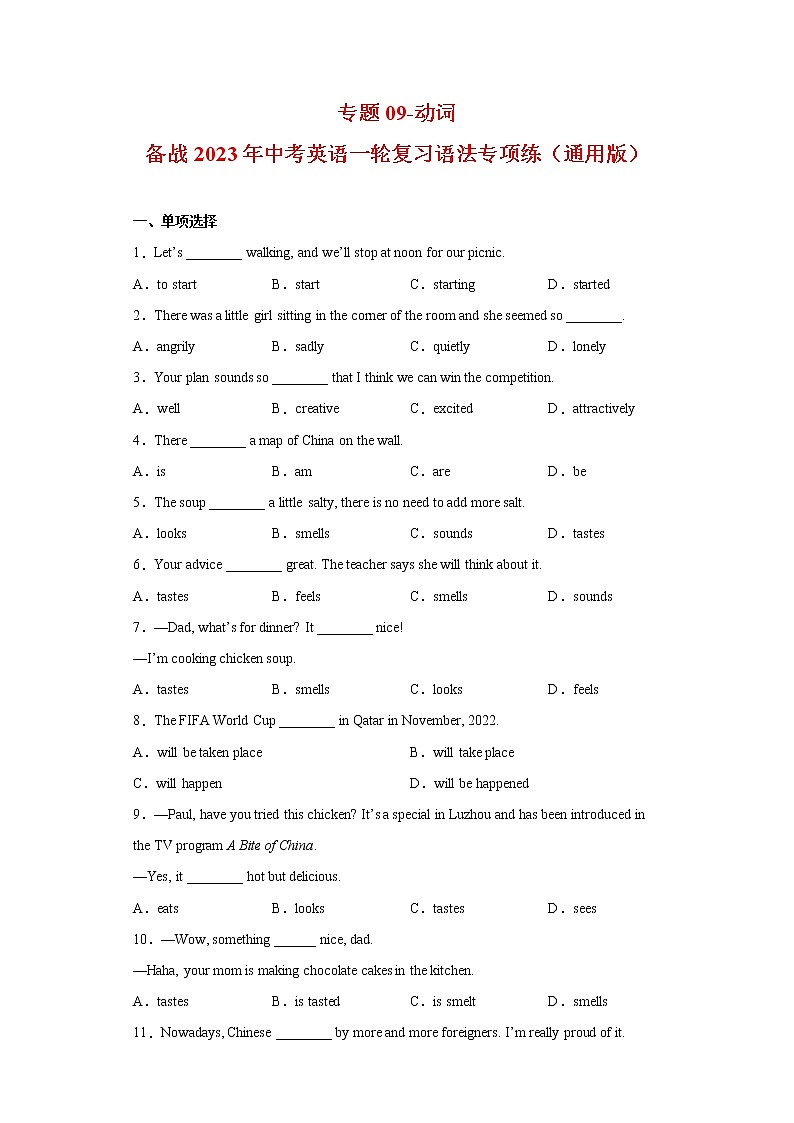 中考英语一轮复习语法专项练专题09-动词（原卷版）第1页