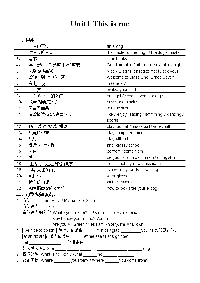 牛津译林版英语七年级上册7A全册知识点汇总02