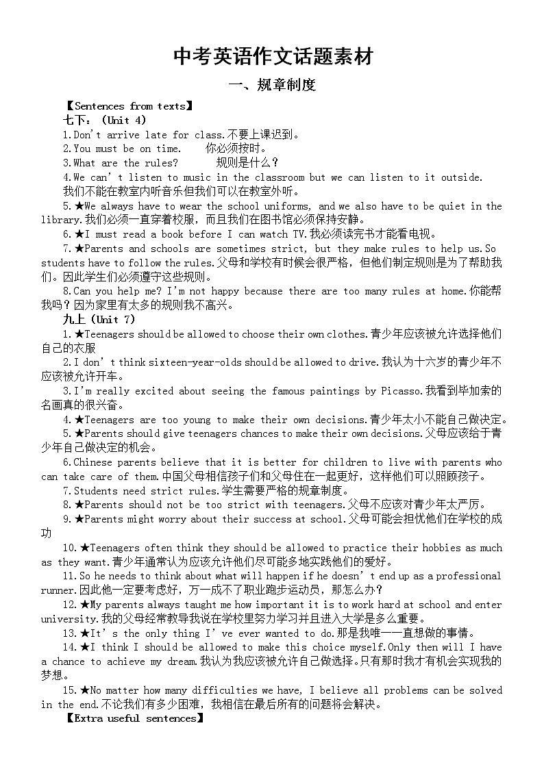 初中英语2023中考作文话题素材（规章制度+人物介绍+外貌性格）第1页