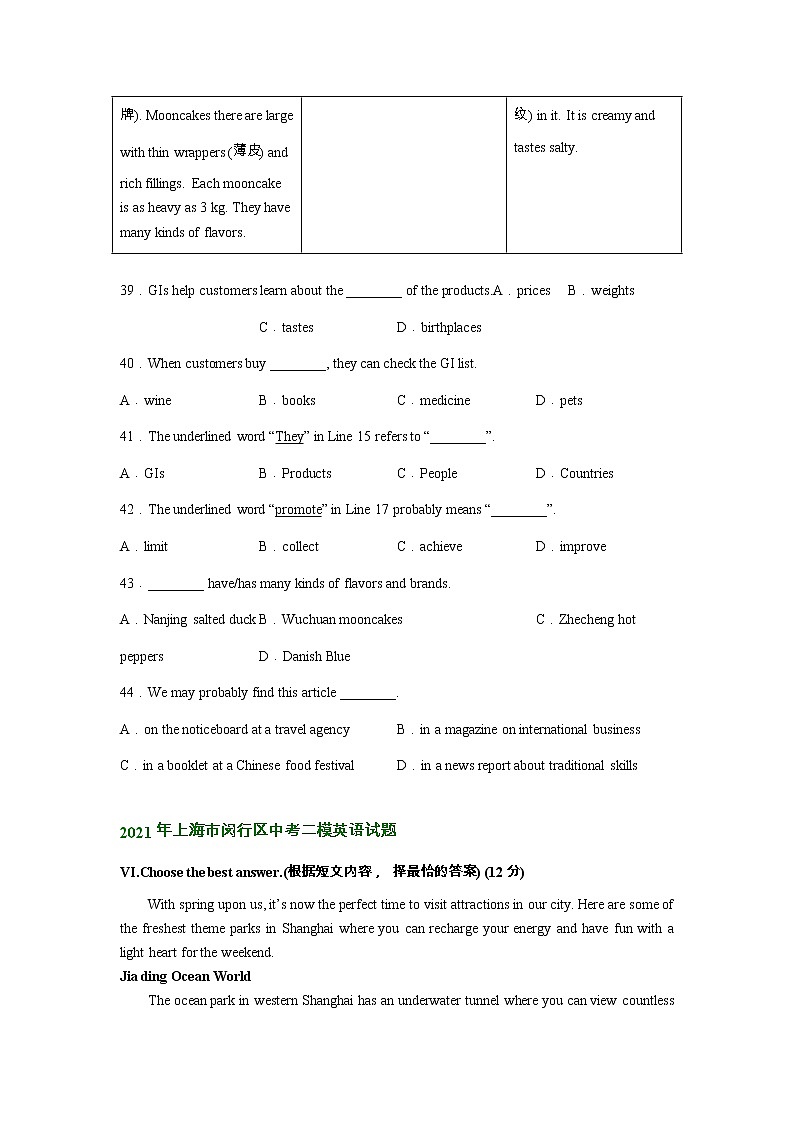 上海市闵行区2020-2022年中考英语二模试题分类汇编：阅读单选02