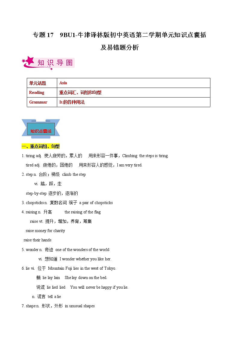 专题17 9BU1-牛津译林版初中英语第二学期单元知识点囊括及易错题分析（江苏专用）01