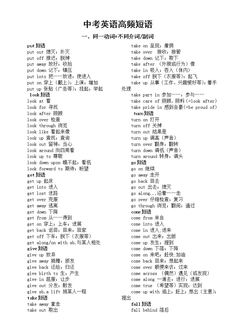 初中英语中考高频短语汇总（两大结构共28种）第1页