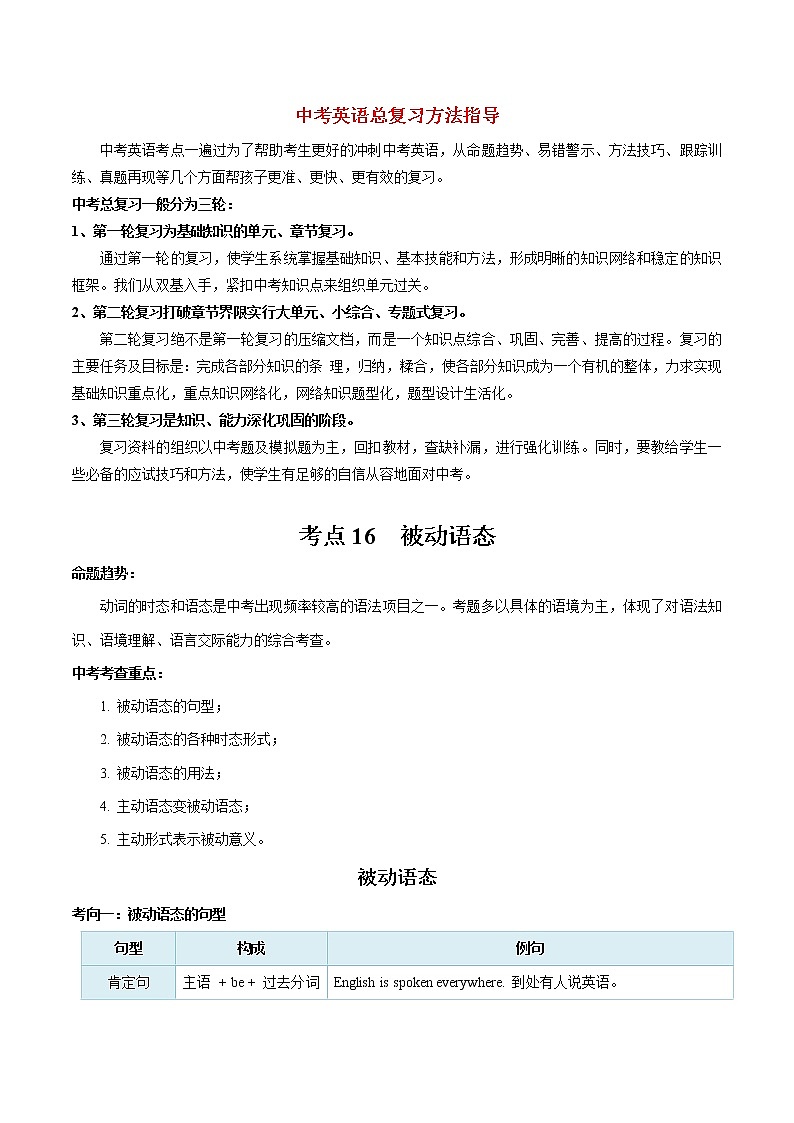 中考英语考点一遍过 考点16 被动语态（教师版含解析）第1页