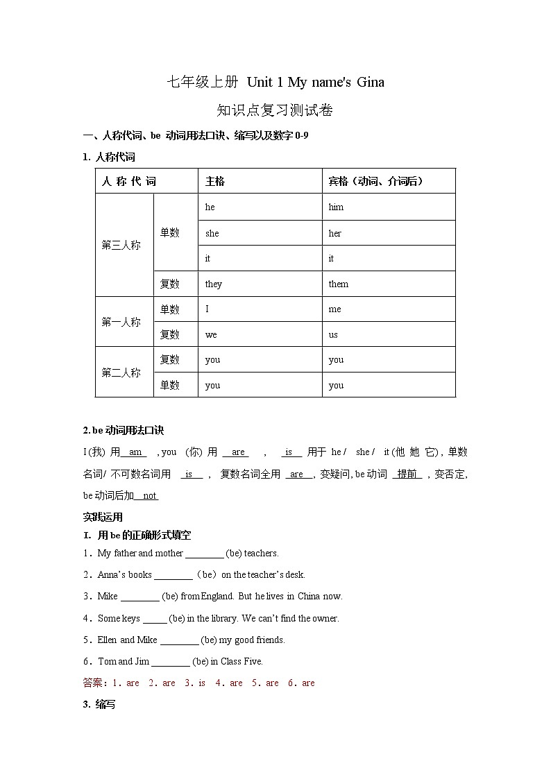 七年级上册 Unit 1 My name 's Gina 知识点复习测试卷（教师版） 第1页