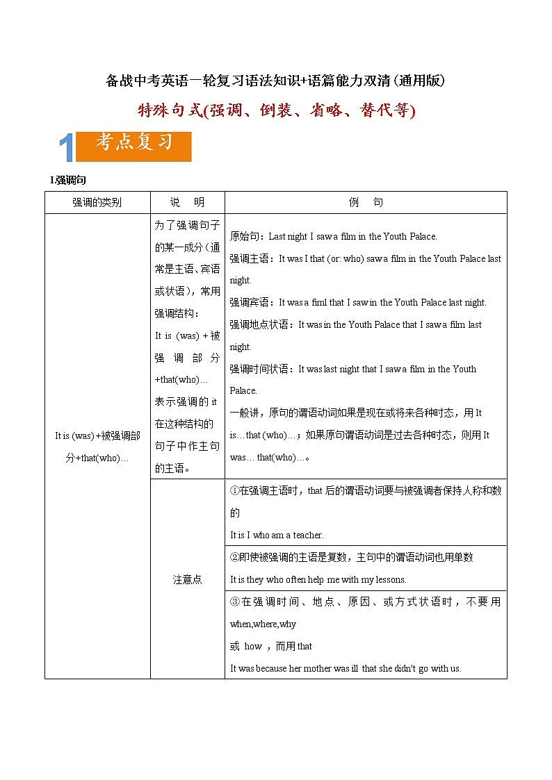 02 特殊句式(倒装、省略、替代等)要点精读与精练-备战中考英语一轮复习语法知识+语篇能力双清(通用版)第1页