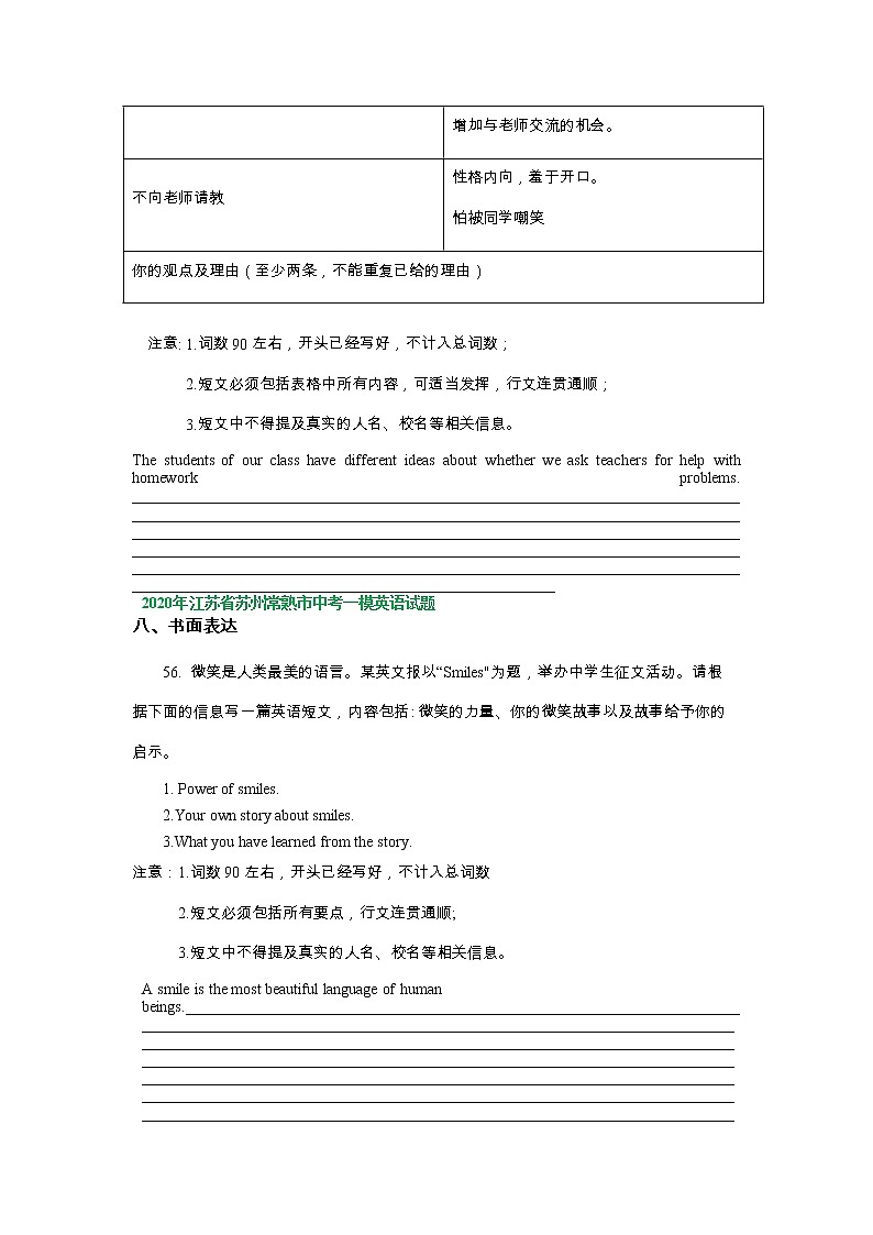 江苏省苏州市常熟市2020-2022年三年中考一模英语试卷分类汇编：书面表达02
