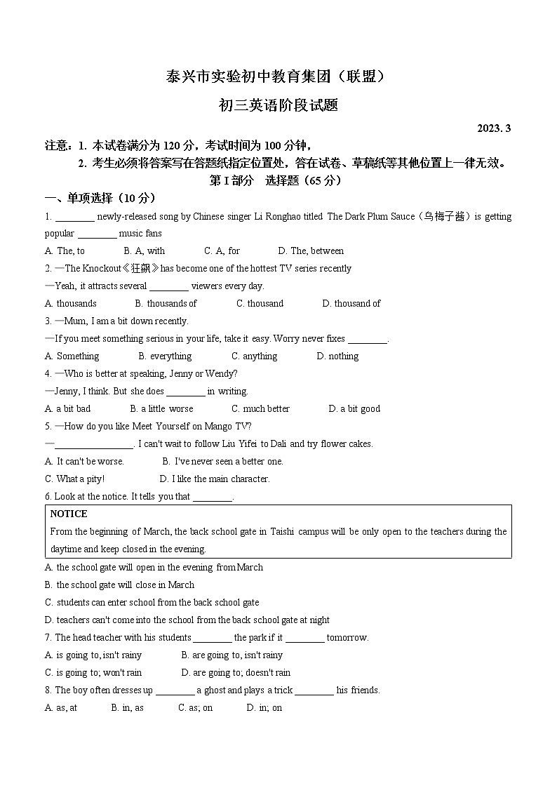 江苏省泰州市泰兴实验初中教育集团2022-2023学年九年级下学期3月阶段考试英语试题（含答案）01